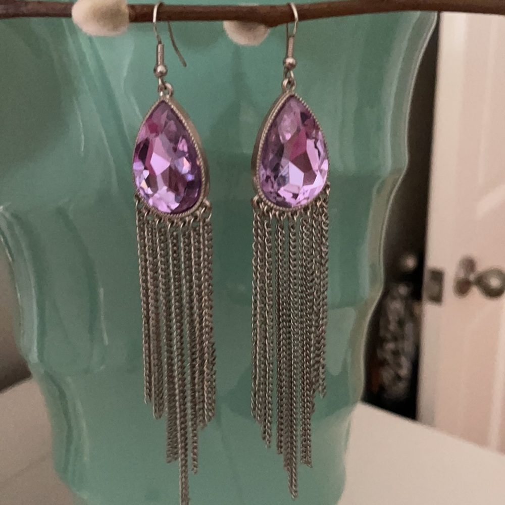 Purple teardrop faceted glass earrings w/chains